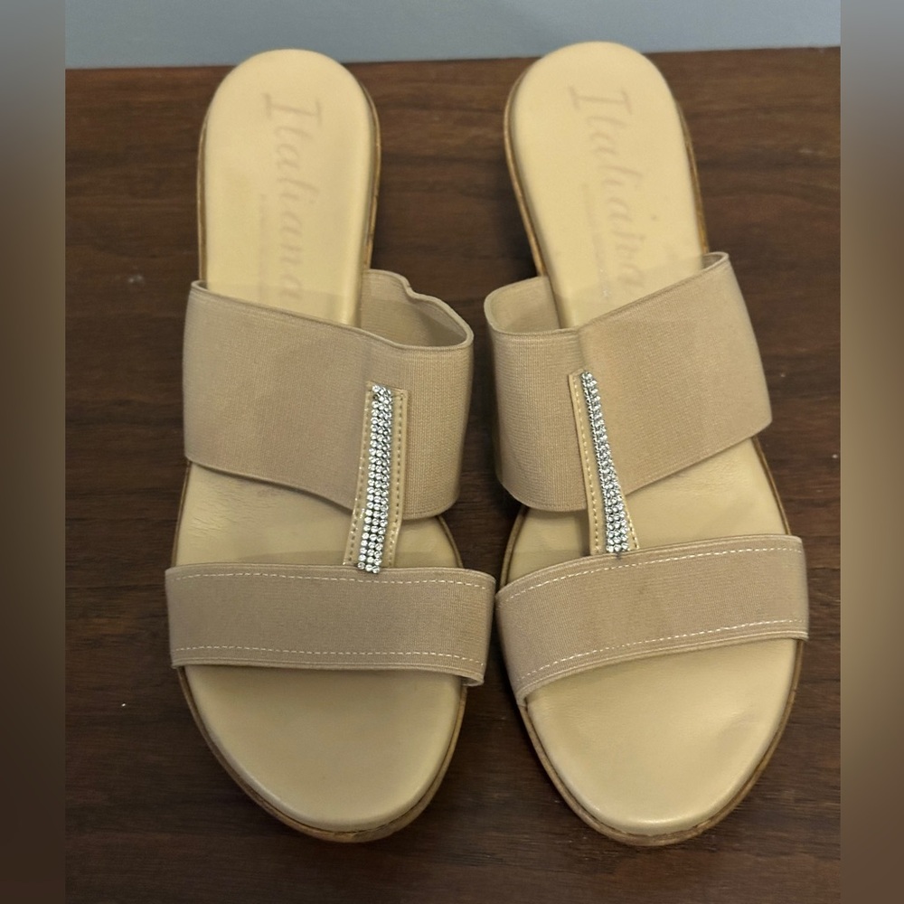 Neutral Beige Slide Sandals with Crystal T-Strip